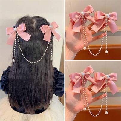 Children's Red Bow Hair Clip, Princess Tassel Headpiece With Pearl Beads For Baby Girls