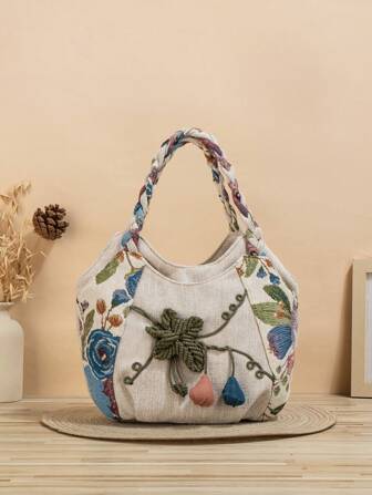 1pc (Randomly Cut) Bohemian Style Hand-Woven Floral Rope Design Tote Bag With Handmade Pom Pom For Women, Bag For Women Elegant, Luxury