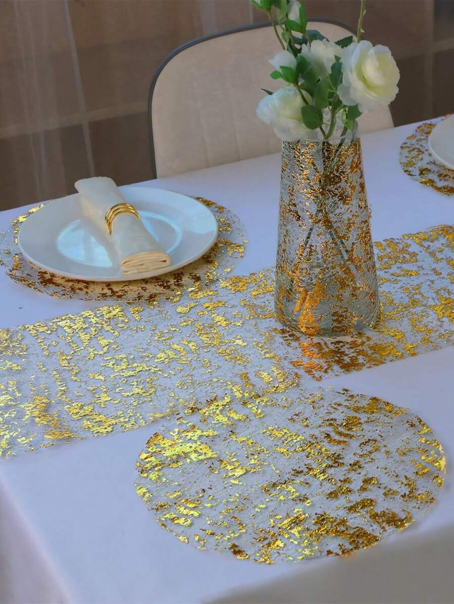 7 Pcs Disposable Gold Placemats Set 13 Inch Round Gold Foil Mesh