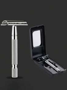 1pc Vintage Manual Double-Sided Razor With Brush And Mirror Case, Comes With Blades, Extra Long Metal Handle, Ideal For Export