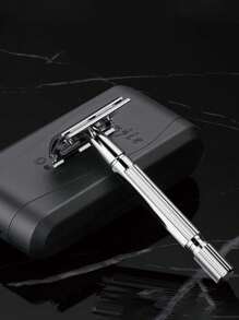 1pc Vintage Manual Double-Sided Razor With Brush And Mirror Case, Comes With Blades, Extra Long Metal Handle, Ideal For Export