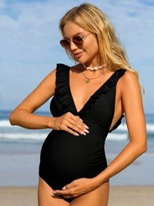Pregnant Women Solid Color Spliced Ruffle Edge Cross Strap Backless One-Piece Swimsuit, Maternity Bathing Suit Summer - Black - View 1