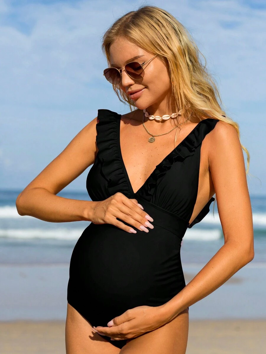 Pregnant Women Solid Color Spliced Ruffle Edge Cross Strap Backless One-Piece Swimsuit, Maternity Bathing Suit Summer - Black - View 1