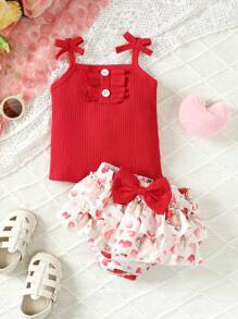 Fashionable Solid Color Baby Girl Camisole Top With Heart Printed Ruffled Shorts Set
