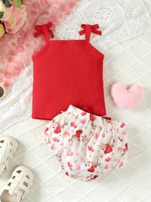 Fashionable Solid Color Baby Girl Camisole Top With Heart Printed Ruffled Shorts Set