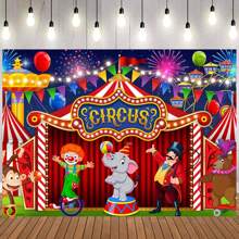 1pc Circus Theme Background Cloth 210*150/150*100/100*75cm Clown & Elephant Cartoon Backdrop Banner For Boy Girl Birthday Decoration, Bathroom, Bedroom, Wall, Cake Table Decoration, Photography Backdrop Decoration