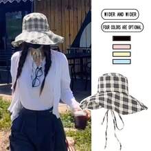 1入組女款簡約設計格紋漏斗帽，網紋邊大邊帽及褶邊邊緣防曬帽，適用於戶外活動和旅行、購物、夏季遮陽帽