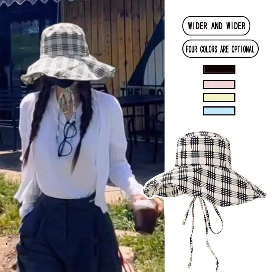 1入組女款簡約設計格紋漏斗帽，網紋邊大邊帽及褶邊邊緣防曬帽，適用於戶外活動和旅行、購物、夏季遮陽帽