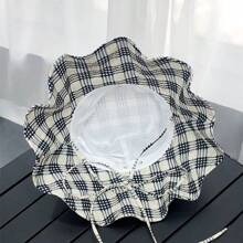 1入組女款簡約設計格紋漏斗帽，網紋邊大邊帽及褶邊邊緣防曬帽，適用於戶外活動和旅行、購物、夏季遮陽帽