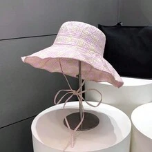 1入組女款簡約設計格紋漏斗帽，網紋邊大邊帽及褶邊邊緣防曬帽，適用於戶外活動和旅行、購物、夏季遮陽帽