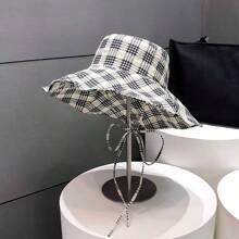 1入組女款簡約設計格紋漏斗帽，網紋邊大邊帽及褶邊邊緣防曬帽，適用於戶外活動和旅行、購物、夏季遮陽帽