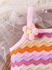 Abito estivo in due pezzi per neonata composto da carinissimo top a canotta tricolore arcobaleno con fiori all"uncinetto e pantaloncini con balze - Multicolore - Visualizzare 5