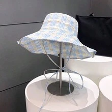 1入組女款簡約設計格紋漏斗帽，網紋邊大邊帽及褶邊邊緣防曬帽，適用於戶外活動和旅行、購物、夏季遮陽帽