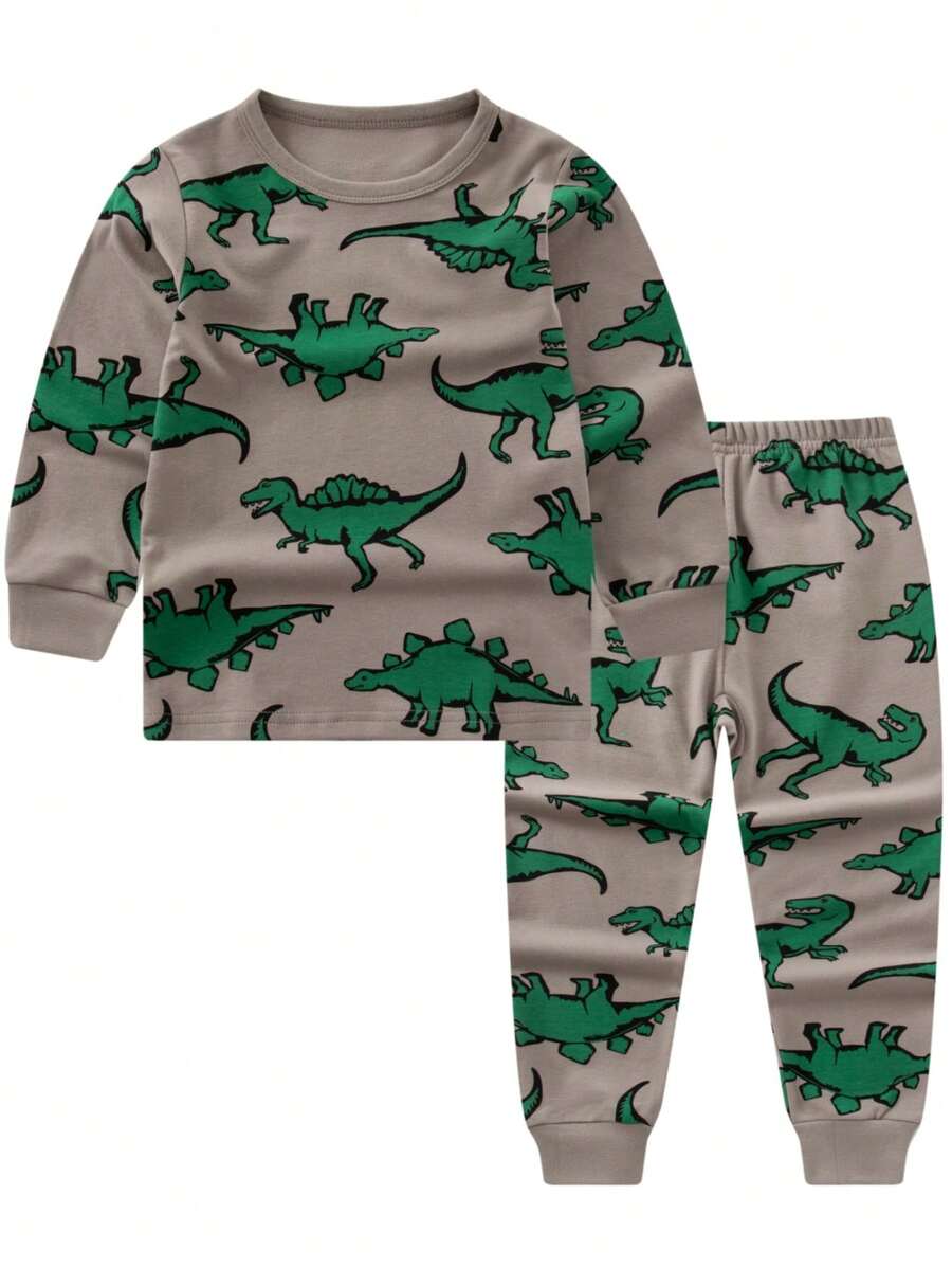 Young Boys' Dinosaur Printed Long Sleeve Top And Long Pants Homewear Set Matching Set