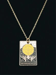 1pc Punk Star, Sun, Moon Drip Oil Square Pendant Necklace Stainless Steel Chain, Unisex