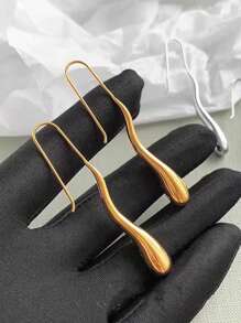 1 对简约长液体水滴耳环，独特的欧美设计中性耳环 - 金色 - 查看 3