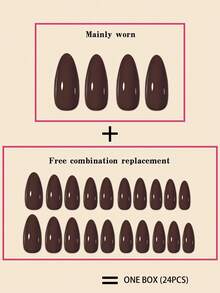 Conjunto de 24 piezas de uñas postizas de forma almendra, color café marrón completamente cubiertas, con puntas para uñas + pegamento de gel + lima de uñas. Suministros para uñas postizas - Café integral - Ver 3