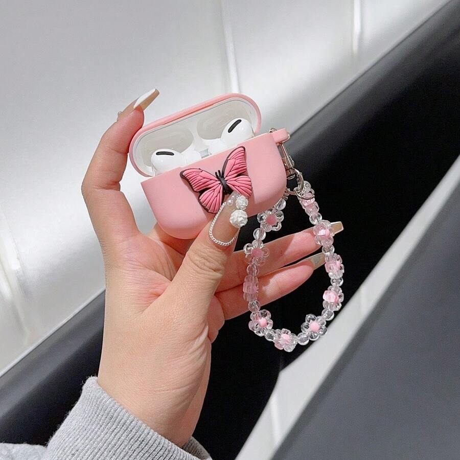 Cartoon Butterfly Hanging Chain Bluetooth Earphone Protective Case Compatible With Apple - Pink - View 1