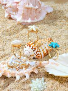 3pcs/Set Ocean Themed Shell & Starfish Design Adjustable Open Rings For Women, Ideal For Vacation, Leisure, Glamorous Jewelry, Dating Gift - Yellow Gold - View 6