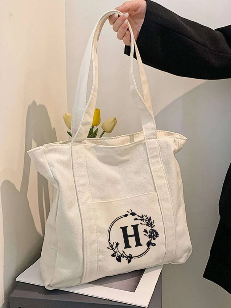 1 件字母印花手提袋购物袋返校季，精美字母印花手提袋，旅行沙滩包，可重复使用的杂货单肩购物袋，生日礼品袋，女伴娘个性化婚礼礼品袋，送给女朋友的礼物，适合读书周的学院风书包 - 米色 - 查看 6