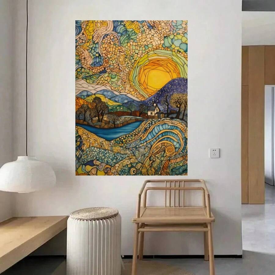 1pc Frameless Oil Painting Style Landscape Starry Sky Wall Art Print For Living Room, Bedroom, Bathroom, Stylish & Delicate Modern Wall Decoration, Simple & Personalized - Multicolor - View 1