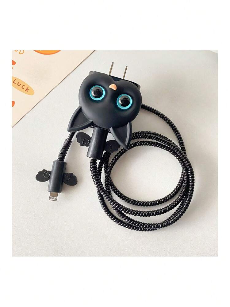 Ensemble de 4 pièces de couverture de protection de chargeur et de câble de chat noir en 3D, compatible avec le chargeur iPhone 18w/20w - Noir - Voir 4