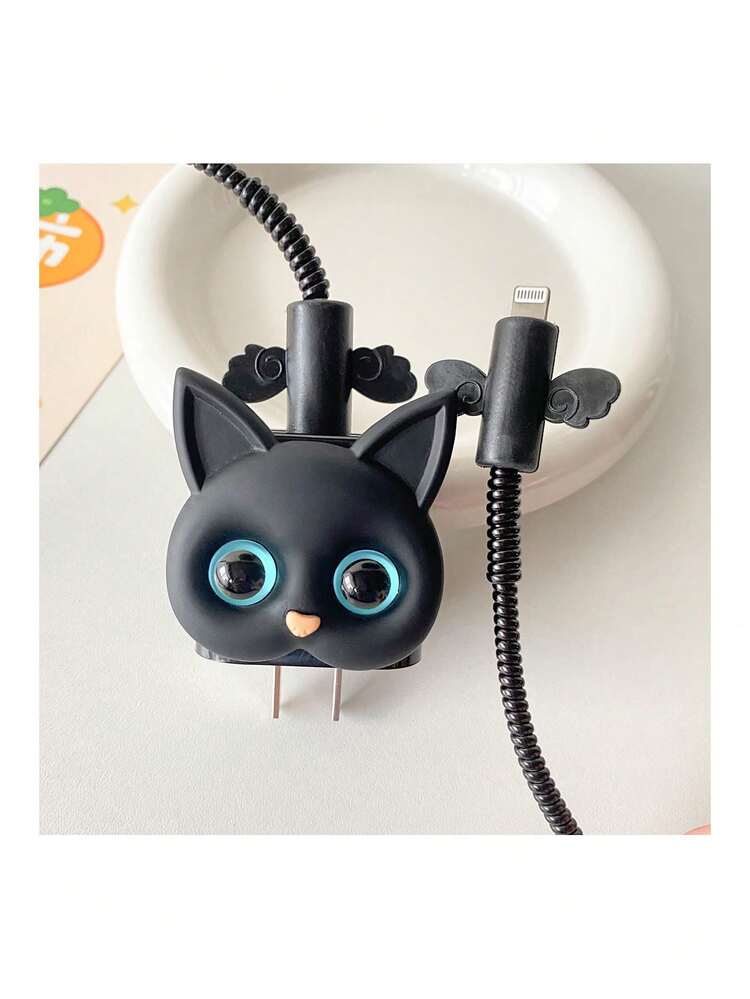 Ensemble de 4 pièces de couverture de protection de chargeur et de câble de chat noir en 3D, compatible avec le chargeur iPhone 18w/20w - Noir - Voir 3