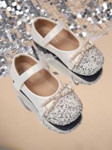 Ein Paar süße, modische, lässige, vielseitige Flache Schuhe für Mädchen, mit rutschfester Sohle, Klettverschluss, Obermaterial aus Kunstleder mit Kunstperlen und Strass, geeignet für Frühling, Sommer und Herbst