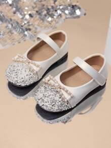 Ein Paar süße, modische, lässige, vielseitige Flache Schuhe für Mädchen, mit rutschfester Sohle, Klettverschluss, Obermaterial aus Kunstleder mit Kunstperlen und Strass, geeignet für Frühling, Sommer und Herbst