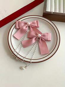 1pc Teen's Bowknot Pearl Hair Clip Hair Accessory - Pink - View 5