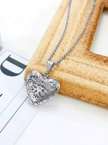 1入組心形小盒墜子吊墜情侶項鍊帶照片插頁 - 金黃色 - 查看 4