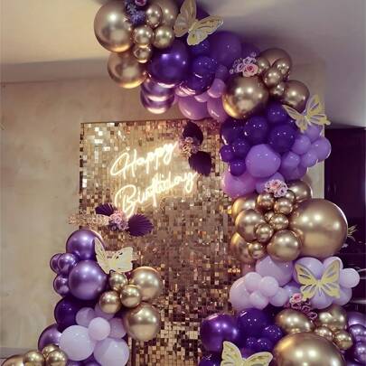 140pcs Purple Balloon Flower Garland Set With Deep Gold Arch & Lavender Light Decorations For Baby Girls' Princess Party & Birthday Decoration,Christmas