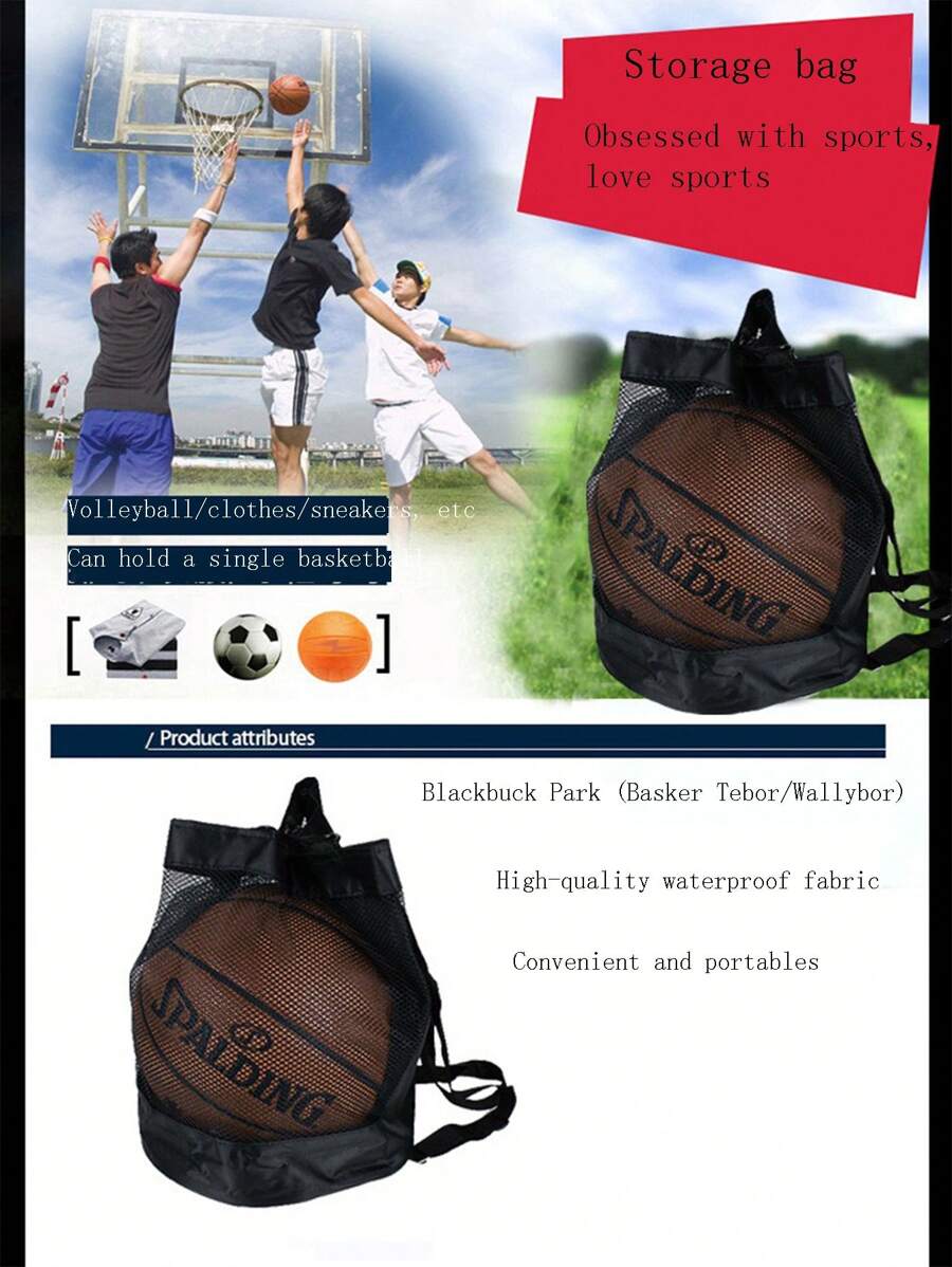 1入組黑色籃球網背包拉繩式封口,籃球/足球/排球/衣物多用途儲物袋,易攜帶 - 黑色 - 查看 1