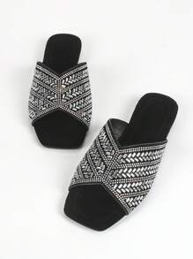 Women's Pure Handmade Rhinestone Decor Flat Sandals, Black Suede Comfortable Slippers For Casual Style In Summer - Silver - View 8