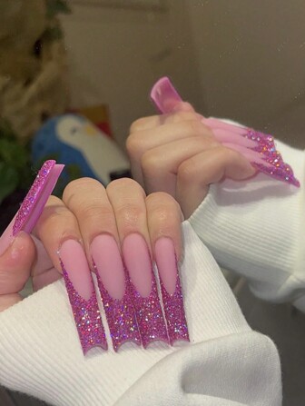 24 piezas uñas postizas largas (forma de ataúd) con decoración brillante de purpurina roja y polvo rosa, incluye caja de regalo ideal para regalar, 1 lima de uñas y suministros de uñas de gelatina uñas falsas uña falsa uña acrílica