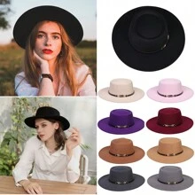 1pc Solid Color Wide Brim Floppy Felt Hat, French Fashion Round Top Knitted Felt Hat, Derby Hat, Vintage British Style Hat, Beret Knitted Hat Suitable For Travel, Vacation, Beach, And Daily Wear Street Cowboy Hat Cowgirl Hat