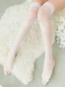 1入組女蕾絲長筒夏季薄款性感大腿過膝網襪 - 白色 - 查看 6