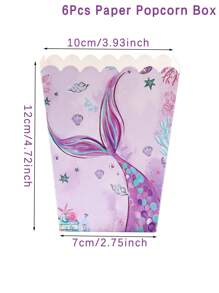 6pcs Purple Mermaid Style Paper Popcorn Box, Food Box, Food Container For Sea Mermaid Theme Birthday Party Decoration, French Fries Box, Popcorn Buckets For Family Movie Night