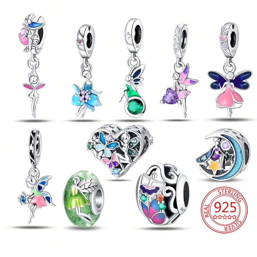 S925 Sterling Silver Fairy Series - Nàng tiên bướm, Vườn bướm xứ sở thần tiên, Vòng tay sáng tạo lãng mạn thời trang của nàng tiên ánh trăng và Phụ kiện vòng cổ/vòng tay tự làm, 1 chiếc, Thích hợp làm quà tặng cho chị gái, Lễ hội - Dòng truyện cổ tích bằng bạc Sterling--Vườn bướm xứ sở thần tiên - Xem 1