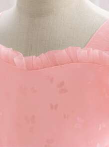 女婴蝴蝶印花薄纱缎面泡泡袖荷叶边连衣裙，优雅精致的花童礼服，适合生日派对，不含头饰 - 粉色 - 查看 6