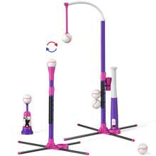 HYES 3-In-1 Baseball Set For Kids 3-5 - Tee Ball Stand, Hanging Tee, Ball Launcher And 6 Softballs - Adjustable Height, Indoor/Outdoor Sport Gifts For Boys, Blue,Purple - Purple - View 2