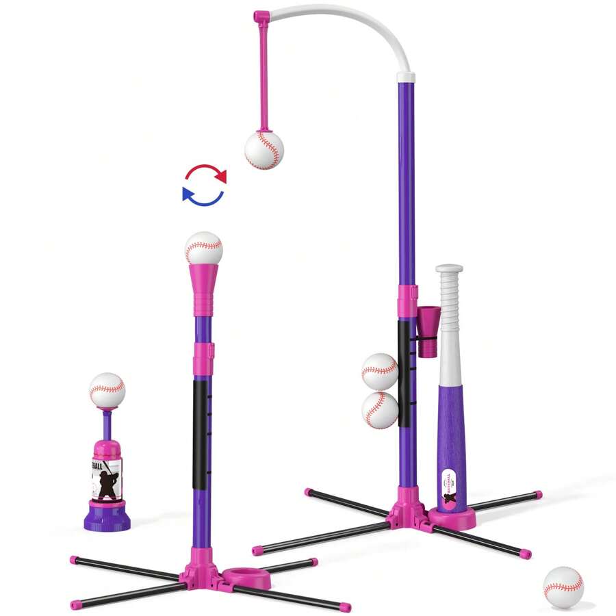 HYES 3-In-1 Baseball Set For Kids 3-5 - Tee Ball Stand, Hanging Tee, Ball Launcher And 6 Softballs - Adjustable Height, Indoor/Outdoor Sport Gifts For Boys, Blue,Purple