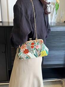 新款时尚复古小巧百搭休闲洋气优雅刺绣小方包花朵印花链条设计质感女包单肩斜挎手提晚宴包优雅精致包包 - 綠色 - 查看 4