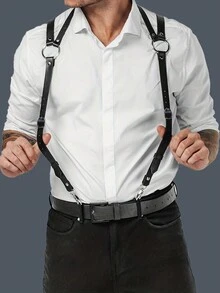 1pc Men's Black Pu Leather Suspender Belt With Hook And Loop Elastic Triangle Back Strap Design Clothing Accessory - Black - View 9