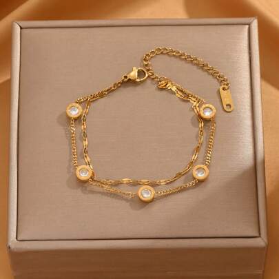 1件装不锈钢双层圆形罗马数字设计吊坠手链，男女皆宜的复古时尚休闲简约风格，适合男士和女士佩戴，可作为节日、派对、日常佩戴的礼物（OPP袋包装）