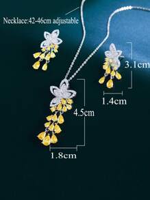 优雅黄色方晶锆石流苏吊坠花耳环和吊坠项链套装，时尚女士派对珠宝 - 黃色 - 查看 2