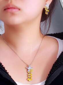 优雅黄色方晶锆石流苏吊坠花耳环和吊坠项链套装，时尚女士派对珠宝 - 黃色 - 查看 6