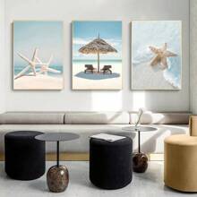 3入組海景畫作,藍色沙灘海星風景的畫布繪畫-令人驚嘆的旅遊風景海報,適用於客廳裝飾和家居裝飾,不含框架 - 彩色 - 查看 4
