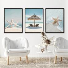 3入組海景畫作,藍色沙灘海星風景的畫布繪畫-令人驚嘆的旅遊風景海報,適用於客廳裝飾和家居裝飾,不含框架 - 彩色 - 查看 6