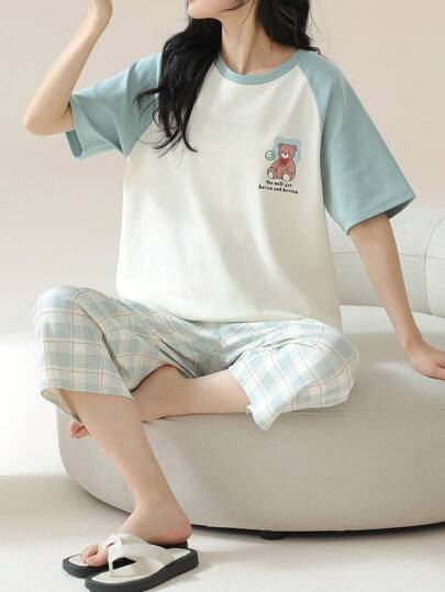  [AICJ Sleepwear]Solid Color Casual Simple Women's Home Clothes, Spring/Summer, Mother's Day, Cartoon Bear Round Neckline Pullover Top, Blue/White Plaid Pajama Set, Short Sleeve Top And Capri Pants, 2pcs,Two Pieces Set